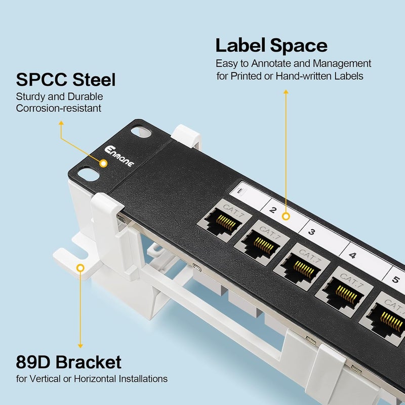 Enmane 8 Port Patch Panel CAT7 Keystone Coupler Shielded (EC Listed) Wall Mount 10inch with 89D Bracket Ethernet Patch Panel (CAT7) - Image 2